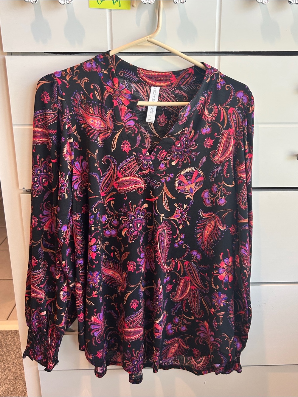 Dear Scarlett Paisley V-Neck Blouse in Black with Pink & Purple Accents